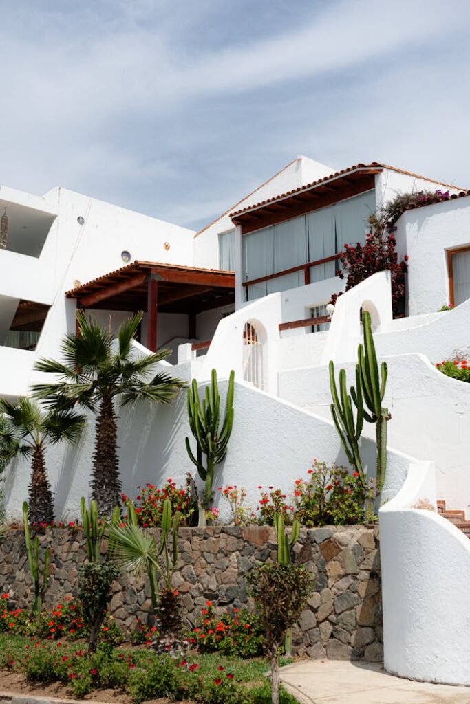 Contemporary villa exterior with cacti and palm trees, ideal for luxury living.